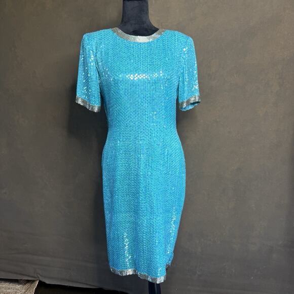 STENAY Vintage 80's VTG Teal Blue 100% Silk Sequin Beaded Cocktail Party Dress 6 - Picture 1 of 13